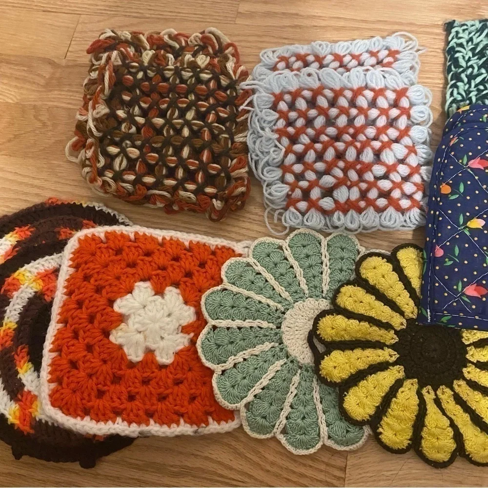 Vintage Pot Holder Bundle Lot MCM Cat Sunflower Flower Crochet Knit Colorful